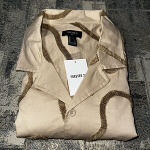 Forever 21 Men's L Shirt NWT Taupe Brown Abstract Woven Textured Short Sleeve